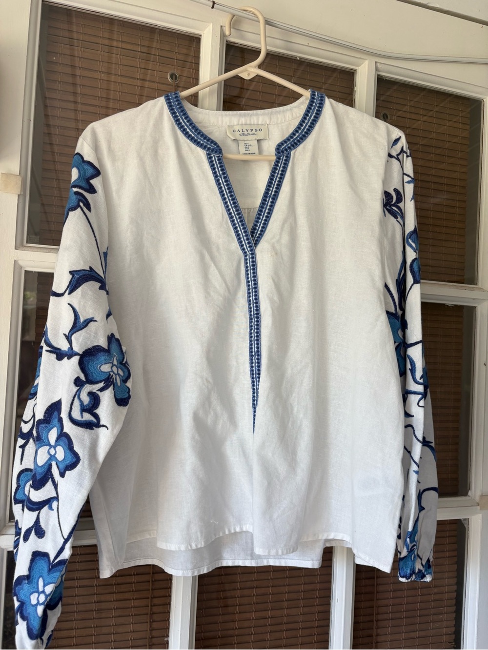 Calypso St. Barth White Tunic with Blue Embroidered Trim